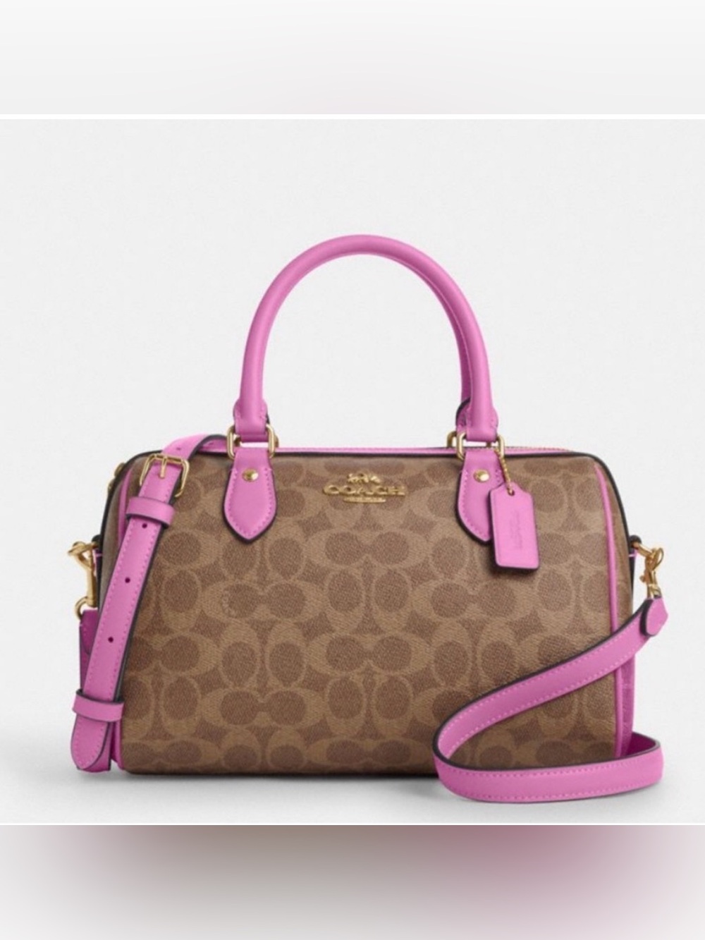 NWT COACH ROWAN SATCHEL SIGNATURE CANVAS W/FUSCHIA TRIM| NWOT CORNER ZIP WALLET